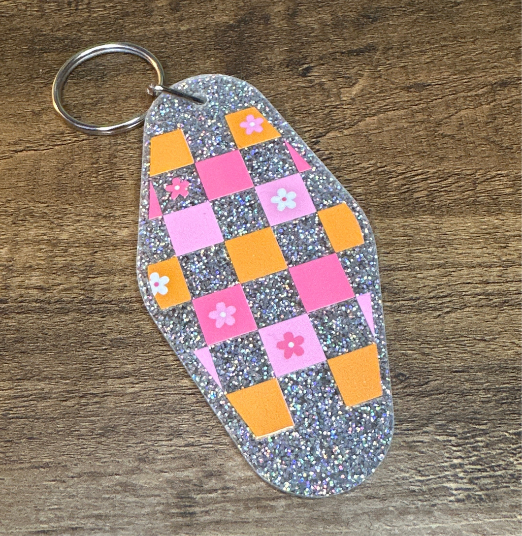 Checker Flower Hotel Keychain